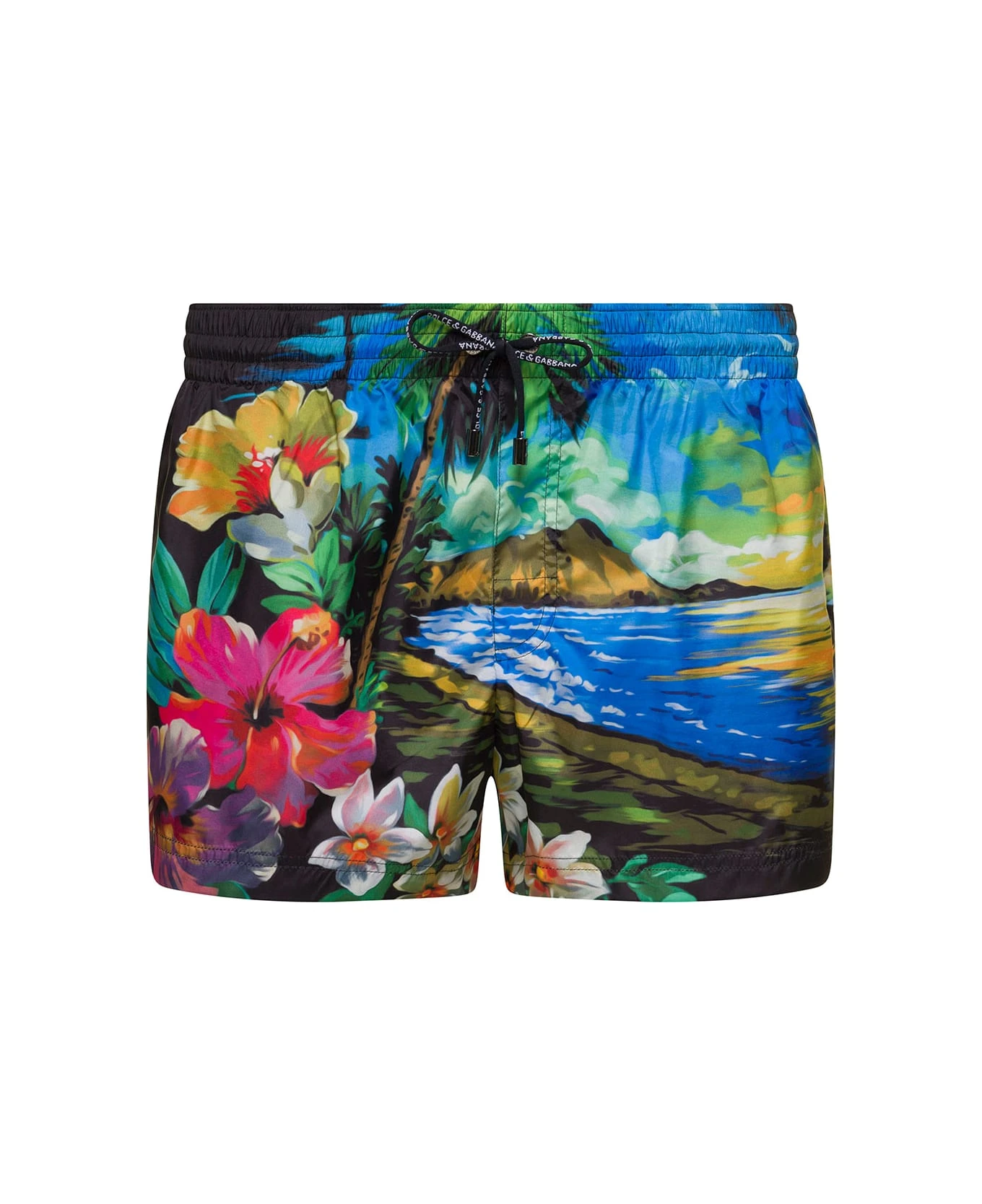 Dolce & Gabbana Short Multicolor Swim Trunks With Hawaiian Print And Branded Drawstring In Light Polyester Man 3 Dolce & Gabbana Short Multicolor Swim Trunks With Hawaiian Print And Branded Drawstring In Light Polyester Man
