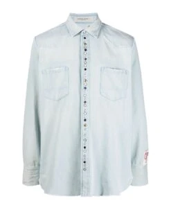 Golden Goose Golden M`s Regular Shirt Bleached Washed Denim With Hammered Studs