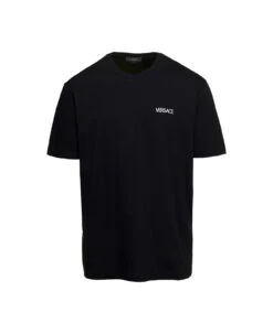Versace 'medusa Flame' Black Crewneck T-shirt With Logo Print In Cotton Man