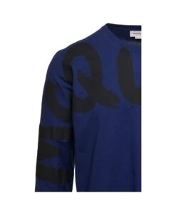 Alexander McQueen Blue Long-sleeved T-shirt With Logo Print In Cotton Man -Off-White Sales Store 3e0206dd2aa006716ba2531c8fb9086d