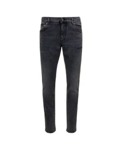 Dolce & Gabbana Grey Five-pockets Slim Jeans With Logo Plaque In Stretch Cotton Denim Man