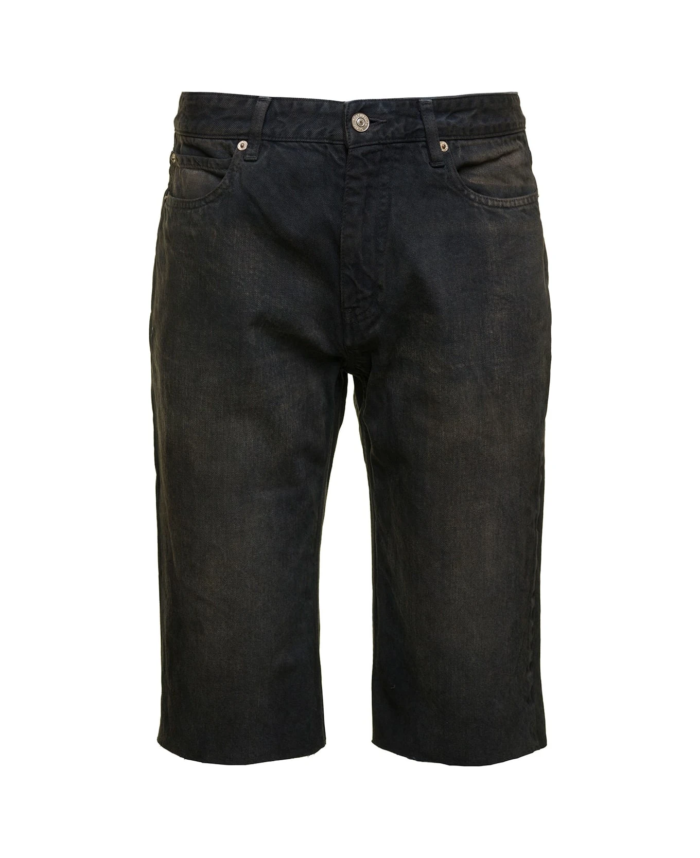 Balenciaga Black Bermuda Shorts With Washed-out Effect And Logo Patch In Cotton Denim Man 3 Balenciaga Black Bermuda Shorts With Washed-out Effect And Logo Patch In Cotton Denim Man