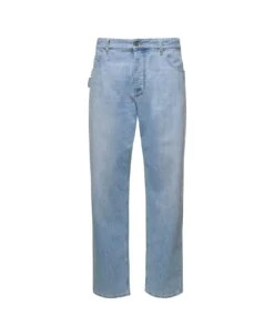 Bottega Veneta Light Blue 5-pocket Style Jeans With Green Patch In Cotton Denim Woman
