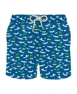 MC2 Saint Barth Man Light Fabric Swim Shorts With Plane And Island Print