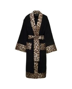 Black Kimono Bathrobe With Leopard Trim In Cotton Dolce & Gabbana