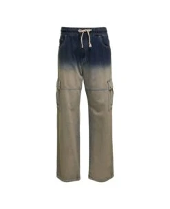Dolce & Gabbana Blue And Beige Cargo Trousers With Logo Plaque And Gradient Effect In Cotton Denim Man