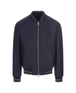 Etro Navy Blue Bomber Jacket With Inlay Motifs