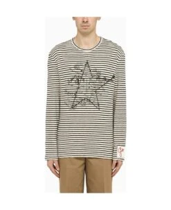 Golden Goose Ivory And Blue Striped T-shirt