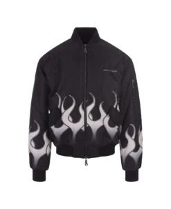 Vision Of Super Black Padded Bomber Jacket With White Flames