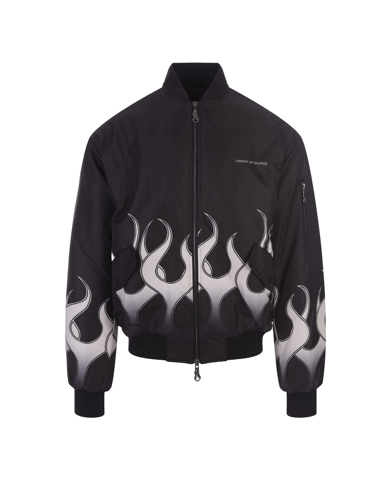 Vision Of Super Black Padded Bomber Jacket With White Flames 3 Vision Of Super Black Padded Bomber Jacket With White Flames