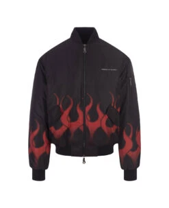 Vision Of Super Black Padded Bomber Jacket With Red Flames